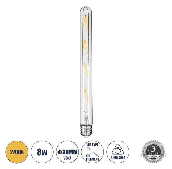 GloboStar® 99020 Λάμπα LED Long Filament E27 T30 Σωλήνας 8W 800lm 360° AC 220-240V IP20 Φ3 x Υ30cm Θερμό Λευκό 2700K με Διάφανο Γυαλί - Dimmable - 3 Years Warranty