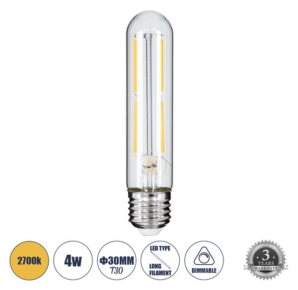 GloboStar® 99019 Λάμπα LED Long Filament E27 T30 Σωλήνας 4W 400lm 360° AC 220-240V IP20 Φ3 x Υ13.5cm Θερμό Λευκό 2700K με Διάφανο Γυαλί - Dimmable - 3 Years Warranty