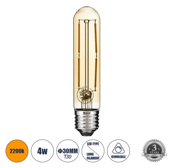 GloboStar® 99049 Λάμπα LED Long Filament E27 T30 Σωλήνας 4W 350lm 360° AC 220-240V IP20 Φ3 x Υ13.5cm Ultra Θερμό Λευκό 2200K με Μελί Γυαλί - Dimmable - 3 Years Warranty