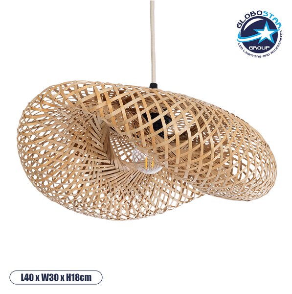 GloboStar® MEXICO 00718 Boho Κρεμαστό Φωτιστικό Ανάρτηση Μονόφωτο 1 x E27 IP20 Μπεζ Ξύλο - Μ40 x Π30 x Y18cm