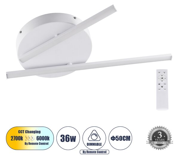 GloboStar® DRACO 61092 Φωτιστικό Οροφής Γραμμικό Linear Design LED CCT 36W 4428lm 120° AC 220-240V - Εναλλαγή Φωτισμού μέσω Τηλεχειριστηρίου All In One Ψυχρό 6000k+Φυσικό 4500k+Θερμό 2700k Dimmable Φ50 x Υ6cm - Λευκό - 3 Years Warranty