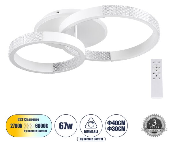 GloboStar® DIAMOND 61112 Φωτιστικό Οροφής Δαχτυλίδι-Κύκλος LED CCT 67W 8078lm 360° AC 220-240V - Εναλλαγή Φωτισμού μέσω Τηλεχειριστηρίου All In One Ψυχρό 6000k+Φυσικό 4500k+Θερμό 2700k Dimmable Φ30+40cm+BackLight - Λευκό - 3 Years Warranty