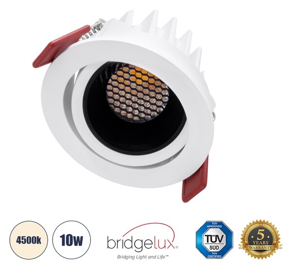 GloboStar® LEO-R 60282 Χωνευτό LED Spot Downlight TrimLess Φ8.5cm 10W 1300lm 38° AC 220-240V IP20 Φ8.5 x Υ6.6cm - Στρόγγυλο - Κινούμενο - Λευκό με Μαύρο Κάτοπτρο & Anti-Glare HoneyComb - Φυσικό Λευκό 4500K - Bridgelux COB - 5 Years Warranty