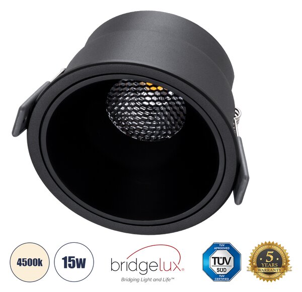 GloboStar® PLUTO-B 60262 Χωνευτό LED Spot Downlight TrimLess Φ10.4cm 15W 1950lm 38° AC 220-240V IP20 Φ10.4 x Υ6.5cm - Στρόγγυλο - Μαύρο & Anti-Glare HoneyComb - Φυσικό Λευκό 4500K - Bridgelux COB - 5 Years Warranty