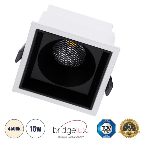 GloboStar® PLUTO-B 60276 Χωνευτό LED Spot Downlight TrimLess Μ10.4xΠ10.4cm 15W 1950lm 38° AC 220-240V IP20 Μ10.4 x Π10.4 x Υ6.5cm - Τετράγωνο - Λευκό με Μαύρο Κάτοπτρο & Anti-Glare HoneyComb - Φυσικό Λευκό 4500K - Bridgelux COB - 5 Years Warranty