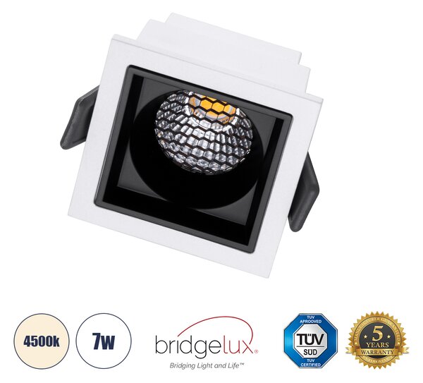 GloboStar® PLUTO-S 60264 Χωνευτό LED Spot Downlight TrimLess Μ6.4xΠ6.4cm 7W 910lm 38° AC 220-240V IP20 Μ6.4 x Π6.4 x Υ4.9cm - Τετράγωνο - Λευκό με Μαύρο Κάτοπτρο & Anti-Glare HoneyComb - Φυσικό Λευκό 4500K - Bridgelux COB - 5 Years Warranty