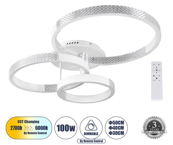 GloboStar® DIAMOND 61115 Φωτιστικό Οροφής Δαχτυλίδι-Κύκλος LED CCT 100W 12123lm 360° AC 220-240V - Εναλλαγή Φωτισμού μέσω Τηλεχειριστηρίου All In One Ψυχρό 6000k+Φυσικό 4500k+Θερμό 2700k Dimmable Φ30+40+50cm+BackLight - Λευκό - 3 Years Warranty