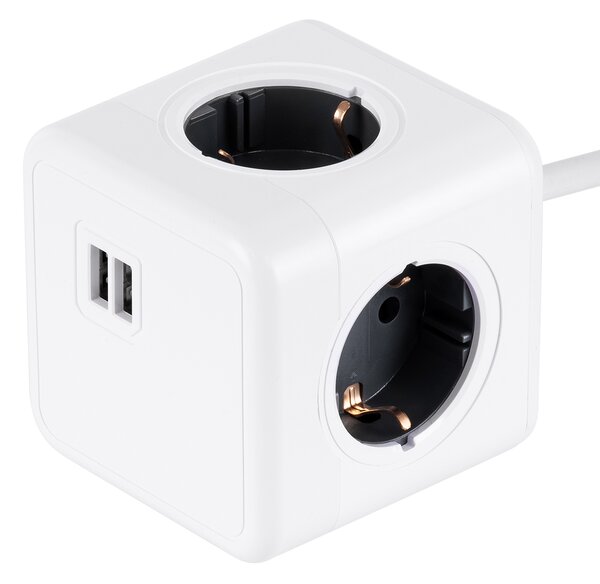 GloboStar® TRAVEL PowerCube PRO Certified 79639 Πολύπριζο 6 Θέσεων με 1.5m Kαλώδιο - 4 Πρίζες Ασφαλείας Childproof EU Schuko AC 220-240V & 2 Πρίζες USB Max 2.1A/DC 5V Μ7.5 x Π7.5 x Υ7.5 - Λευκό με Γκρι - Max Load 3680W/16A