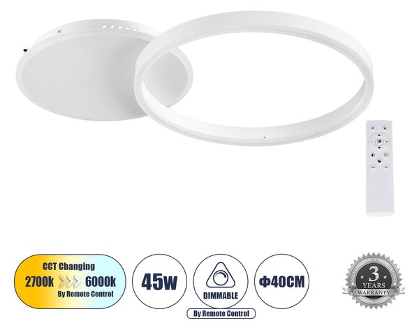 GloboStar® VENOM 61118 Φωτιστικό Οροφής Δαχτυλίδι-Κύκλος LED CCT 45W 5445lm 360° AC 220-240V - Εναλλαγή Φωτισμού μέσω Τηλεχειριστηρίου All In One Ψυχρό 6000k+Φυσικό 4500k+Θερμό 2700k Dimmable Φ40cm+BackLight - Λευκό - 3 Years Warranty