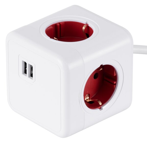 GloboStar® TRAVEL PowerCube PRO Certified 79642 Πολύπριζο 6 Θέσεων με 1.5m Kαλώδιο - 4 Πρίζες Ασφαλείας Childproof EU Schuko AC 220-240V & 2 Πρίζες USB Max 2.1A/DC 5V Μ7.5 x Π7.5 x Υ7.5 - Λευκό με Κόκκινο - Max Load 3680W/16A