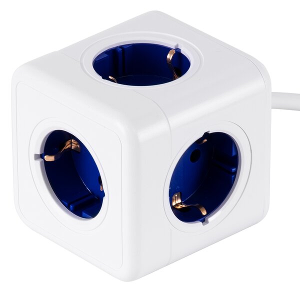 GloboStar® TRAVEL PowerCube PRO Certified 79646 Πολύπριζο 5 Θέσεων με 1.5m Kαλώδιο - 5 Πρίζες Ασφαλείας Childproof EU Schuko AC 220-240V Μ7.5 x Π11.5 x Υ7.5 - Λευκό με Μπλε - Max Load 3680W/16A