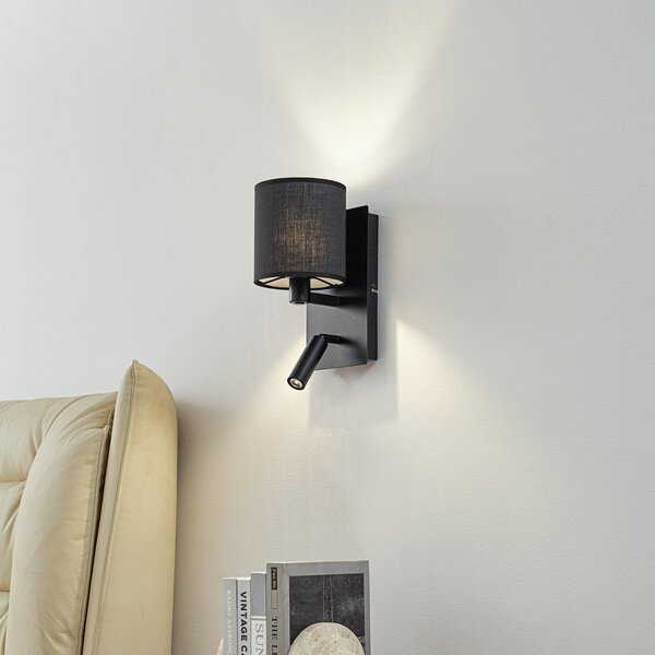 Lindby Φωτιστικό τοίχου Aiden, 30cm, μαύρο, LED φως ανάγνωσης, E14, ρυθμιζόμενος, Μαύρο, Σαλόνι / τραπεζαρία, Ύφασμα / Κλωστοϋφαντουργία, σύγχρονο