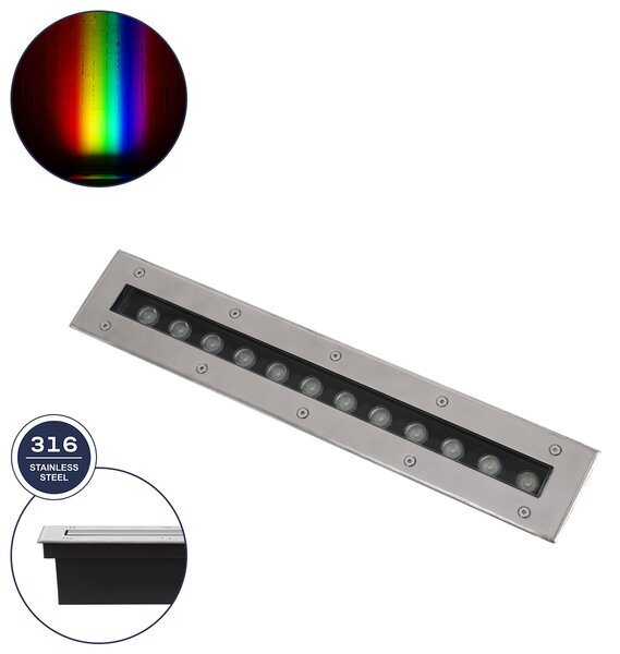 GloboStar® UNDERGROUND-REMVI 90193 Χωνευτό Φωτιστικό Wall Washer Δαπέδου LED 12W 1020lm 10° DC 24V Αδιάβροχο IP68 L50 x W9 x H7.2cm RGBW DMX512 - Ανοξείδωτο Ατσάλι - 3 Years Warranty