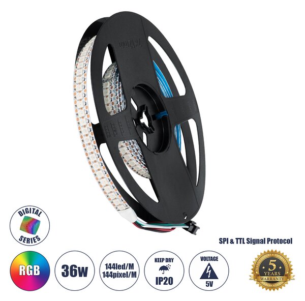 GloboStar® 90597 Digital Pixel Addressable Strip 3 PIN - Ψηφιακή Ταινία LED SMD 5050 36W/m 144LED/m 144PIXEL/m SPI/TTL Protocol IC WS2812/SK6812 2880lm/m 120° DC 5V IP20 RGB - Λευκό Σώμα - Μ2000 x Π12 x Υ2mm - Συσκευασία 2 Μέτρων - 5 Χρόνια Εγγύηση