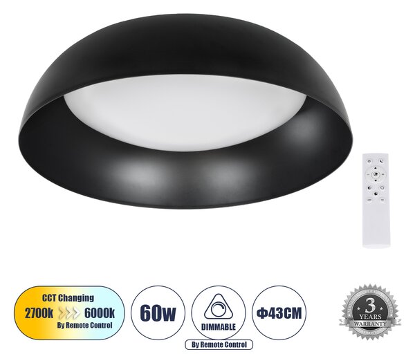 GloboStar® ANATOLIA 61261 Πλαφονιέρα Οροφής LED CCT 60W 6900lm 120° AC 220-240V - Εναλλαγή Φωτισμού μέσω Τηλεχειριστηρίου All In One Ψυχρό 6000k+Φυσικό 4500k+Θερμό 2700k Dimmable Φ43cm - Μαύρο - 3 Years Warranty