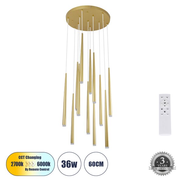 GloboStar® TEARS 61314 Κρεμαστό Φωτιστικό Οροφής Design LED CCT 36W 3960lm 180° AC 220-240V - Εναλλαγή Φωτισμού μέσω Τηλεχειριστηρίου All In One Ψυχρό 6000k+Φυσικό 4500k+Θερμό 2700k Dimmable Φ60 x Υ51.5cm - Χρυσό Βούρτσας - 3 Years Warranty