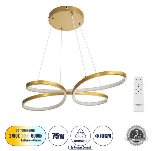 GloboStar® BUTTERFLY 61393 Κρεμαστό Φωτιστικό Οροφής Design LED CCT 75W 8400lm 300° AC 220-240V - Εναλλαγή Φωτισμού μέσω Τηλεχειριστηρίου All In One Ψυχρό 6000k+Φυσικό 4500k+Θερμό 2700k Dimmable Μ71 x Π52 x Υ4cm - Χρυσό Βούρτσας - 3 Years Warranty