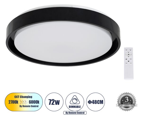 GloboStar® BARCHETTA 61046-S Πλαφονιέρα Οροφής LED CCT 72W 8306lm 120° AC 220-240V - Εναλλαγή Φωτισμού μέσω Τηλεχειριστηρίου All In One Ψυχρό 6000k+Φυσικό 4500k+Θερμό 2700k Dimmable Φ48cm - Μαύρο - 3 Years Warranty