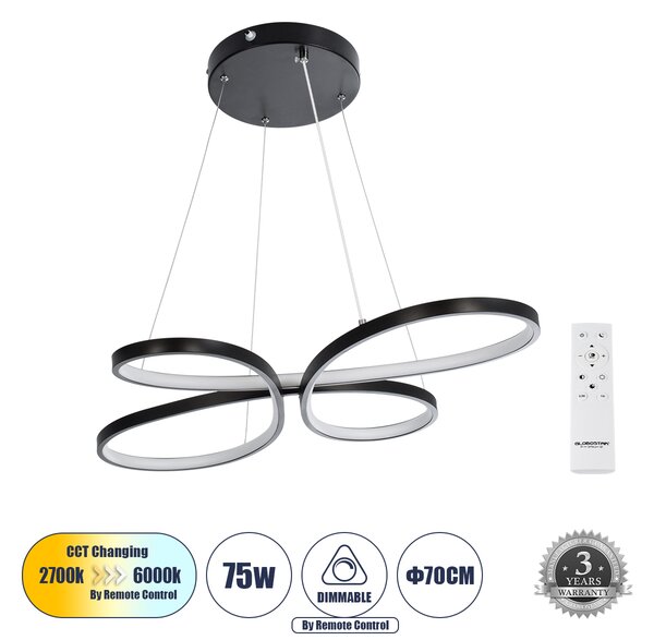 GloboStar® BUTTERFLY 61391 Κρεμαστό Φωτιστικό Οροφής Design LED CCT 75W 8400lm 300° AC 220-240V - Εναλλαγή Φωτισμού μέσω Τηλεχειριστηρίου All In One Ψυχρό 6000k+Φυσικό 4500k+Θερμό 2700k Dimmable Μ71 x Π52 x Υ4cm - Μαύρο - 3 Years Warranty