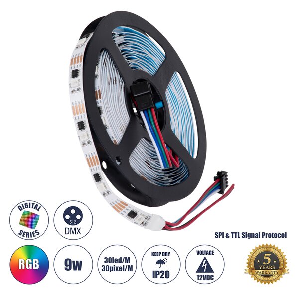 GloboStar® 90599 Digital Pixel Addressable Strip 4 PIN - Ψηφιακή Ταινία LED SMD 5050 9W/m 30LED/m 30PIXEL/m SPI/TTL Protocol IC TM1908 720lm/m 120° DC 12V IP20 RGB - Λευκό Σώμα - Μ5000 x Π10 x Υ2mm - Συσκευασία 5 Μέτρων - 5 Χρόνια Εγγύηση