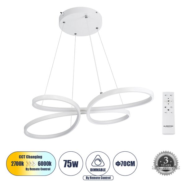 GloboStar® BUTTERFLY 61392 Κρεμαστό Φωτιστικό Οροφής Design LED CCT 75W 8400lm 300° AC 220-240V - Εναλλαγή Φωτισμού μέσω Τηλεχειριστηρίου All In One Ψυχρό 6000k+Φυσικό 4500k+Θερμό 2700k Dimmable Μ71 x Π52 x Υ4cm - Λευκό - 3 Years Warranty