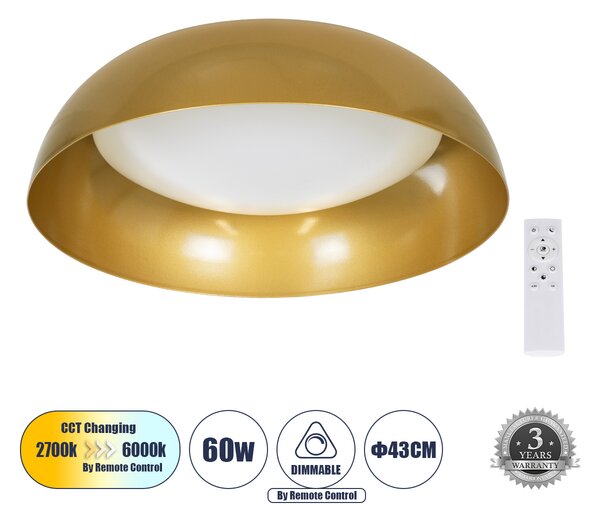 GloboStar® ANATOLIA 61263 Πλαφονιέρα Οροφής LED CCT 60W 6900lm 120° AC 220-240V - Εναλλαγή Φωτισμού μέσω Τηλεχειριστηρίου All In One Ψυχρό 6000k+Φυσικό 4500k+Θερμό 2700k Dimmable Φ43cm - Χρυσό - 3 Years Warranty