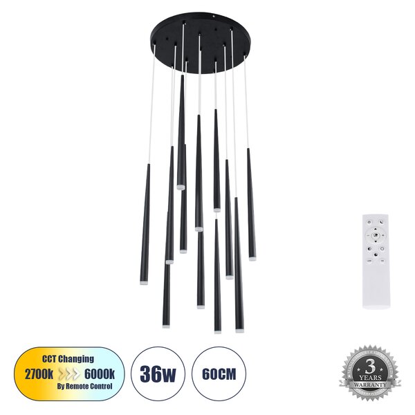 GloboStar® TEARS 61313 Κρεμαστό Φωτιστικό Οροφής Design LED CCT 36W 3960lm 180° AC 220-240V - Εναλλαγή Φωτισμού μέσω Τηλεχειριστηρίου All In One Ψυχρό 6000k+Φυσικό 4500k+Θερμό 2700k Dimmable Φ60 x Υ51.5cm - Μαύρο - 3 Years Warranty