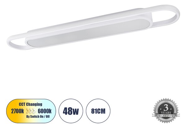 GloboStar® IGOR 61219 Φωτιστικό Οροφής Linear Design LED CCT 48W 5760lm 210° AC 220-240V - Εναλλαγή Φωτισμού μέσω Διακόπτη On/Off All In One Ψυχρό 6000k+Φυσικό 4500k+Θερμό 2700k Μ81 x Π13 x Υ4.5cm - Λευκό - 3 Years Warranty