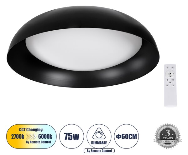 GloboStar® ANATOLIA 61264 Πλαφονιέρα Οροφής LED CCT 75W 8625lm 120° AC 220-240V - Εναλλαγή Φωτισμού μέσω Τηλεχειριστηρίου All In One Ψυχρό 6000k+Φυσικό 4500k+Θερμό 2700k Dimmable Φ60cm - Μαύρο - 3 Years Warranty