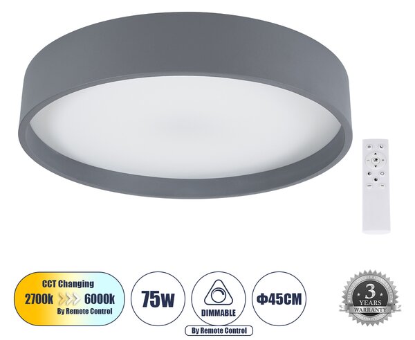 GloboStar® NARNIA 61258 Πλαφονιέρα Οροφής LED CCT 75W 8625lm 120° AC 220-240V - Εναλλαγή Φωτισμού μέσω Τηλεχειριστηρίου All In One Ψυχρό 6000k+Φυσικό 4500k+Θερμό 2700k Dimmable Φ45 x Υ8cm - Γκρι Ανθρακί - 3 Years Warranty