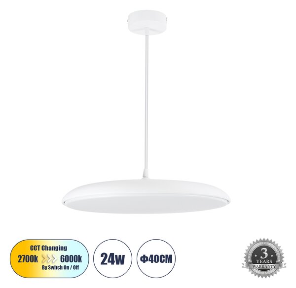 GloboStar® BARON 61255 Κρεμαστή Πλαφονιέρα Οροφής LED CCT 24W 2880lm 120° AC 220-240V - Εναλλαγή Φωτισμού μέσω Διακόπτη On/Off All In One Ψυχρό 6000k+Φυσικό 4500k+Θερμό 2700k Φ40 x Υ10cm - Λευκό - 3 Years Warranty