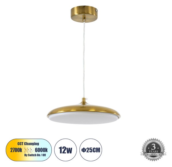 GloboStar® BARON 60886 Κρεμαστή Πλαφονιέρα Οροφής LED CCT 12W 1440lm 120° AC 220-240V - Εναλλαγή Φωτισμού μέσω Διακόπτη On/Off All In One Ψυχρό 6000k+Φυσικό 4500k+Θερμό 2700k Φ25 x Υ8cm - Χρυσό Πλατίνα - 3 Years Warranty