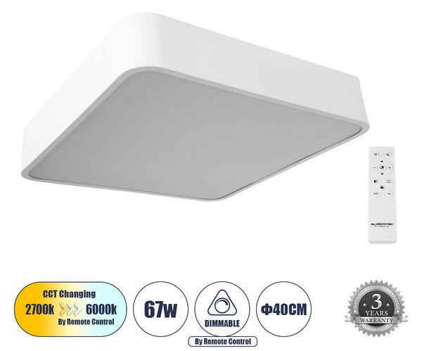 GloboStar® KAMALA 61207-S Πλαφονιέρα Οροφής LED CCT 67W 7370lm 120° AC 220-240V - Εναλλαγή Φωτισμού μέσω Τηλεχειριστηρίου All In One Ψυχρό 6000k+Φυσικό 4500k+Θερμό 2700k Dimmable Μ40 x Π40 x Υ8cm - Λευκό - 3 Years Warranty