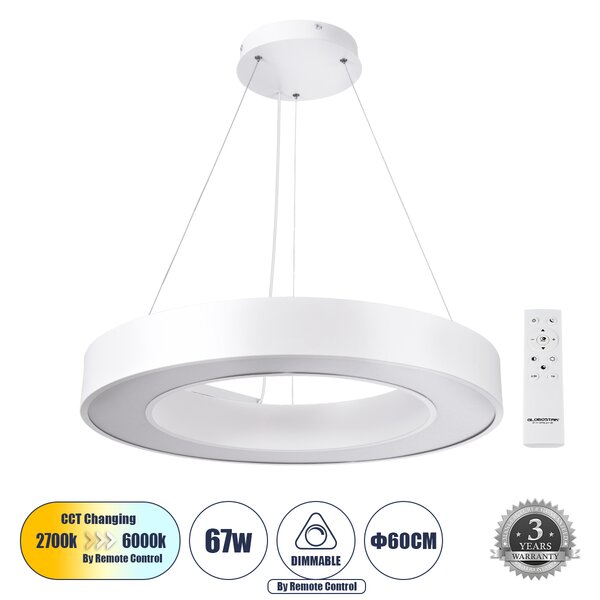 GloboStar® RA 61195 Κρεμαστό Φωτιστικό Δαχτυλίδι-Κύκλος LED CCT 67W 7370lm 120° AC 220-240V - Εναλλαγή Φωτισμού μέσω Τηλεχειριστηρίου All In One Ψυχρό 6000k+Φυσικό 4500k+Θερμό 2700k Dimmable Φ60cm - Λευκό - 3 Years Warranty