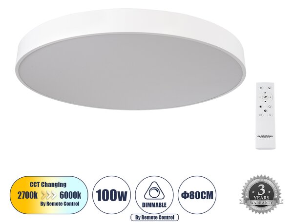 GloboStar® BURTON 61205-S Πλαφονιέρα Οροφής LED CCT 100W 11020lm 120° AC 220-240V - Εναλλαγή Φωτισμού μέσω Τηλεχειριστηρίου All In One Ψυχρό 6000k+Φυσικό 4500k+Θερμό 2700k Dimmable Φ80cm - Λευκό - 3 Years Warranty