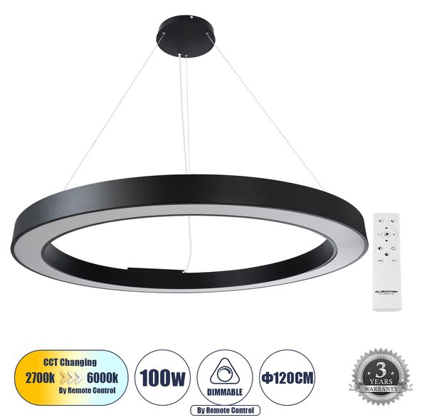 GloboStar® RA 61198 Κρεμαστό Φωτιστικό Δαχτυλίδι-Κύκλος LED CCT 100W 11020lm 120° AC 220-240V - Εναλλαγή Φωτισμού μέσω Τηλεχειριστηρίου All In One Ψυχρό 6000k+Φυσικό 4500k+Θερμό 2700k Dimmable Φ120cm - Μαύρο - 3 Years Warranty