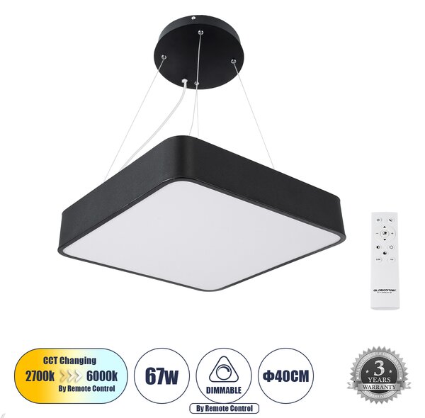 GloboStar® KAMALA 61206-P Κρεμαστή Πλαφονιέρα Οροφής LED CCT 67W 7370lm 120° AC 220-240V - Εναλλαγή Φωτισμού μέσω Τηλεχειριστηρίου All In One Ψυχρό 6000k+Φυσικό 4500k+Θερμό 2700k Dimmable Μ40 x Π40 x Υ8cm- Μαύρο - 3 Years Warranty