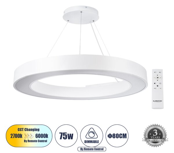 GloboStar® RA 61197 Κρεμαστό Φωτιστικό Δαχτυλίδι-Κύκλος LED CCT 75W 8250lm 120° AC 220-240V - Εναλλαγή Φωτισμού μέσω Τηλεχειριστηρίου All In One Ψυχρό 6000k+Φυσικό 4500k+Θερμό 2700k Dimmable Φ80cm - Λευκό - 3 Years Warranty