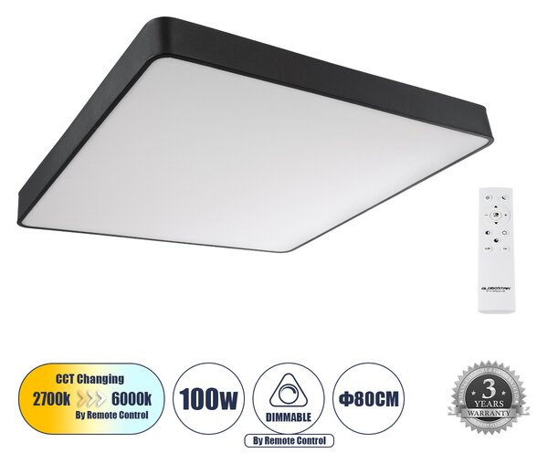 GloboStar® KAMALA 61210-S Πλαφονιέρα Οροφής LED CCT 100W 11020lm 120° AC 220-240V - Εναλλαγή Φωτισμού μέσω Τηλεχειριστηρίου All In One Ψυχρό 6000k+Φυσικό 4500k+Θερμό 2700k Dimmable Μ80 x Π80 x Υ8cm- Μαύρο - 3 Years Warranty