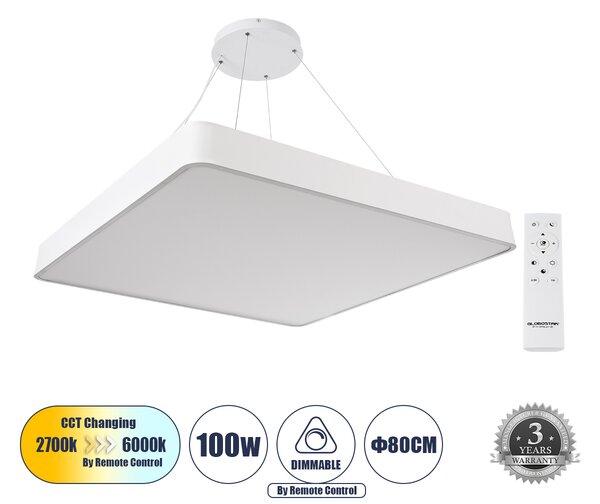 GloboStar® KAMALA 61211-P Κρεμαστή Πλαφονιέρα Οροφής LED CCT 100W 11020lm 120° AC 220-240V - Εναλλαγή Φωτισμού μέσω Τηλεχειριστηρίου All In One Ψυχρό 6000k+Φυσικό 4500k+Θερμό 2700k Dimmable Μ80 x Π80 x Υ8cm - Λευκό - 3 Years Warranty