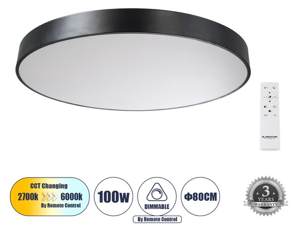 GloboStar® BURTON 61204-S Πλαφονιέρα Οροφής LED CCT 100W 11020lm 120° AC 220-240V - Εναλλαγή Φωτισμού μέσω Τηλεχειριστηρίου All In One Ψυχρό 6000k+Φυσικό 4500k+Θερμό 2700k Dimmable Φ80cm - Μαύρο - 3 Years Warranty