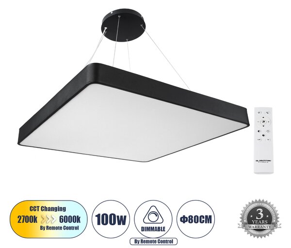 GloboStar® KAMALA 61210-P Κρεμαστή Πλαφονιέρα Οροφής LED CCT 100W 11020lm 120° AC 220-240V - Εναλλαγή Φωτισμού μέσω Τηλεχειριστηρίου All In One Ψυχρό 6000k+Φυσικό 4500k+Θερμό 2700k Dimmable Μ80 x Π80 x Υ8cm- Μαύρο - 3 Years Warranty