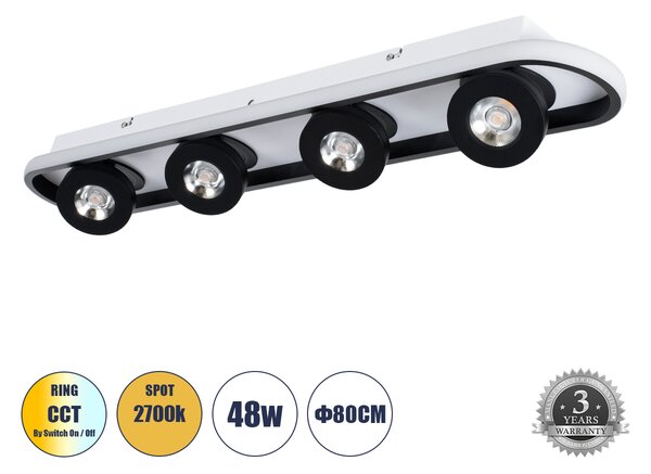 GloboStar® NESPO 61214 Φωτιστικό Οροφής Linear Design LED CCT με Κινούμενα Σποτ LED Spot Downlight 48W 5376lm 360° & 45° AC 220-240V - Εναλλαγή Φωτισμού μέσω Διακόπτη On/Off All In One Ψυχρό 6000k+Φυσικό 4500k+Θερμό 2700k Μ80 x Π13 x Υ6.5cm - Μαύρο