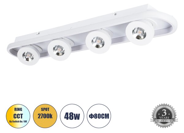 GloboStar® NESPO 61215 Φωτιστικό Οροφής Linear Design LED CCT με Κινούμενα Σποτ LED Spot Downlight 48W 5376lm 360° & 45° AC 220-240V - Εναλλαγή Φωτισμού μέσω Διακόπτη On/Off All In One Ψυχρό 6000k+Φυσικό 4500k+Θερμό 2700k Μ80 x Π13 x Υ6.5cm - Λευκό