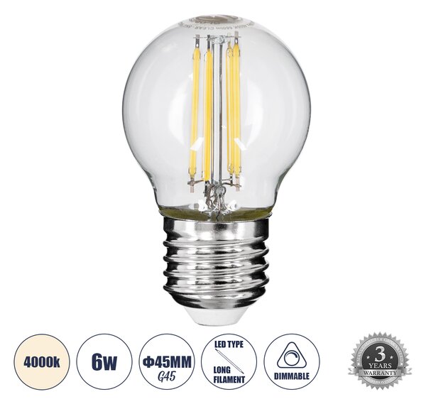 GloboStar® 99052 Λάμπα LED Long Filament E27 G45 Γλομπάκι 6W 660lm 360° AC 220-240V IP20 Φ4.5 x Υ7.5cm Φυσικό Λευκό 4000K με Διάφανο Γυαλί - Dimmable - 3 Years Warranty