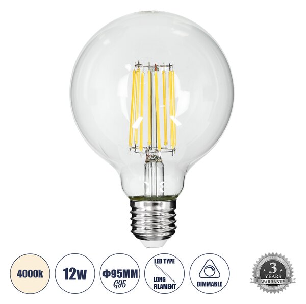 GloboStar® 99054 Λάμπα LED Long Filament E27 G95 Γλόμπος 12W 1320lm 360° AC 220-240V IP20 Φ9.5 x Υ13.5cm Φυσικό Λευκό 4000K με Διάφανο Γυαλί - Dimmable - 3 Years Warranty