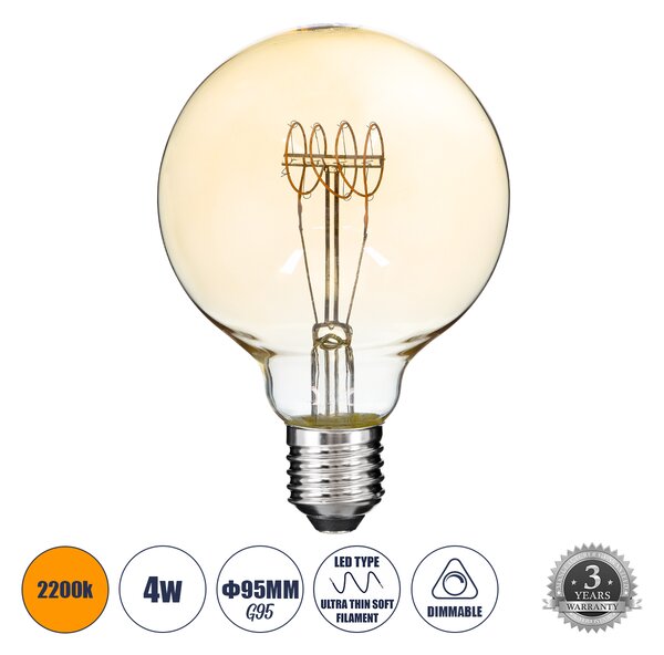 GloboStar® 99060 Λάμπα LED Ultra Thin Soft S Spiral Filament E27 G95 Γλόμπος 4W 280lm 360° AC 220-240V IP20 Φ9.5 x Υ13.5cm Ultra Θερμό Λευκό 2200K με Μελί Γυαλί - Dimmable - 3 Years Warranty