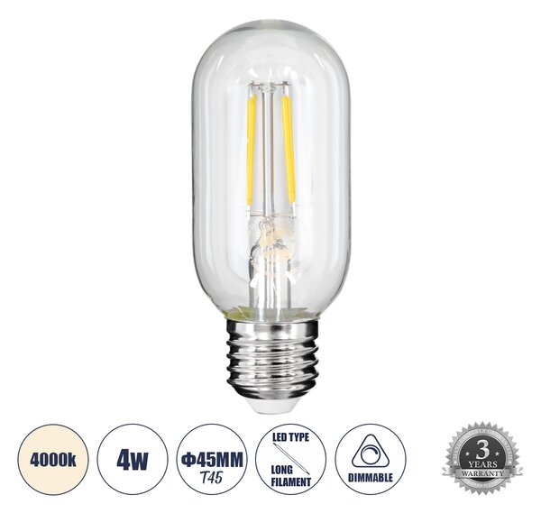 GloboStar® 99057 Λάμπα LED Long Filament E27 T45 Σωλήνας 4W 440lm 360° AC 220-240V IP20 Φ4.5 x Υ11cm Φυσικό Λευκό 4000K με Διάφανο Γυαλί - Dimmable - 3 Years Warranty