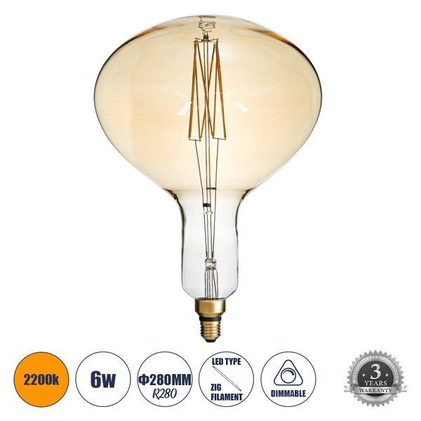 GloboStar® 99027 Λάμπα LED Zig Long Filament E27 R280 BUTTERNUT Γλόμπος 6W 420lm 360° AC 220-240V IP20 Φ28 x Υ41cm Ultra Θερμό Λευκό 2200K με Μελί Γυαλί - Dimmable - 3 Years Warranty