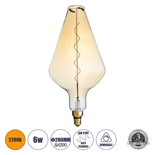 GloboStar® 99022 Λάμπα LED Soft S Spiral Filament E27 BA200 ROCKET Γλόμπος 6W 420lm 360° AC 220-240V IP20 Φ20 x Υ41.5cm Ultra Θερμό Λευκό 2200K με Μελί Γυαλί - Dimmable - 3 Years Warranty